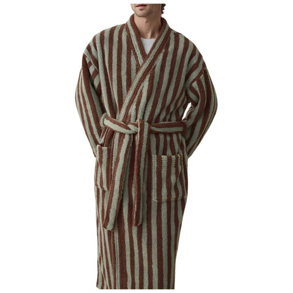 Mens Bathrobe Thickened Long Coral Velvet Long Sleeve Stripe Sleepwear,Coffee,XL