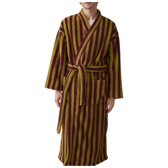 Mens Bathrobe Thickened Long Coral Velvet Long Sleeve Stripe Sleepwear,Purple,L