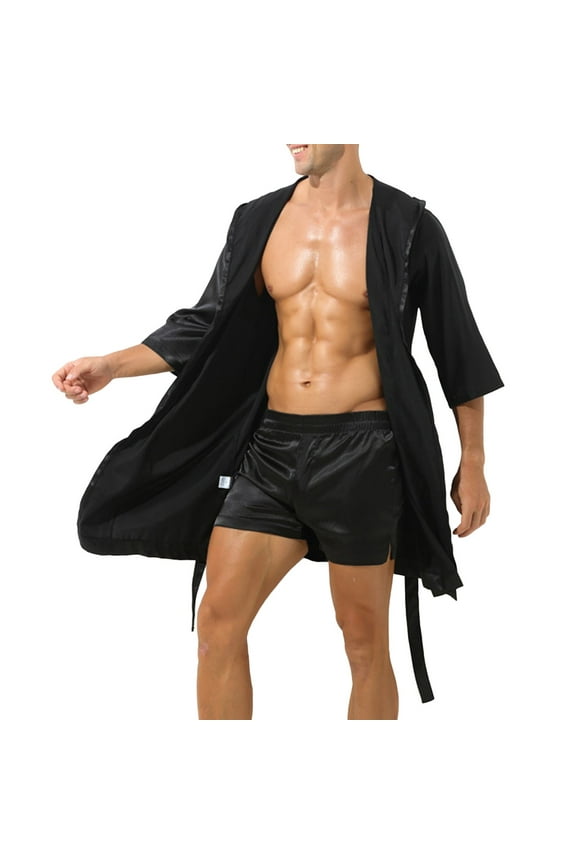Mens Bathrobes Big And Tall Bathrobe Solid Thin Short Sleeve Loose Bathrobe Bath Robe Mens Black L