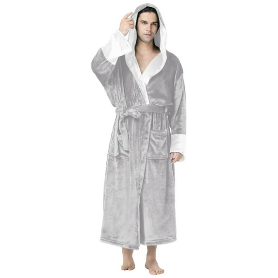 Mens Bathrobes Male Solid Patchwork Hooded Robe Drawstring Three Quarter Sleeve Pajamas Robe Men Light Gray XXL