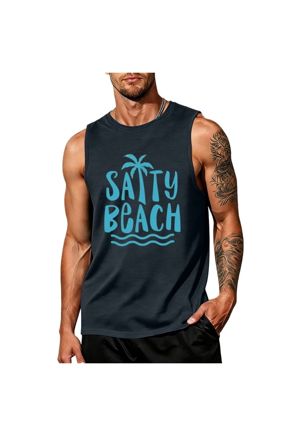 Mens Beach Graphic Tank Tops, Summer Vacation Sleeveless Shirts Cut Off Muscle Hawaii Palm Tree Graphic Shirts Gym Tops for Daily Wear