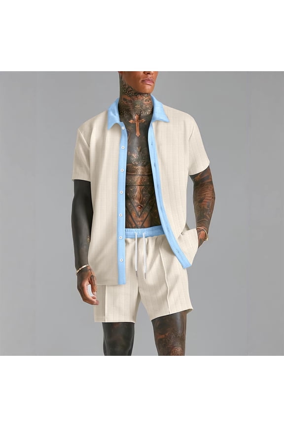Mens Beach Outfits 2 Piece Lightweight Going-Out Sets Summer Short Sleeve Button-Down Shirts and Shorts Vacation Suits Set with Pockets