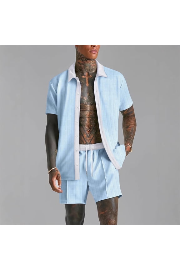 Mens Beach Outfits 2 Piece Lightweight Going-Out Sets Summer Short Sleeve Button-Down Shirts and Shorts Vacation Suits Set with Pockets