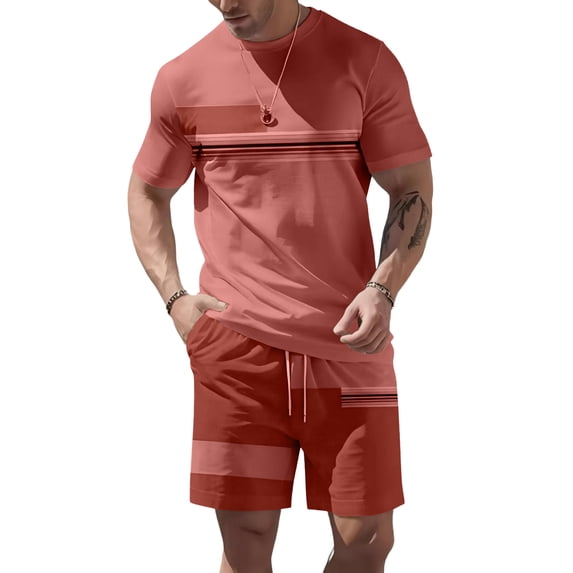 Mens Beach Outfits 2 Piece Sets Short Sleeve Crewneck T-Shirts Drawstring Elastic Waist Shorts Outfits with Pockets Color Block Outfits Summer Beach Vacation Breathable Athletic Wear,Hot Pink M