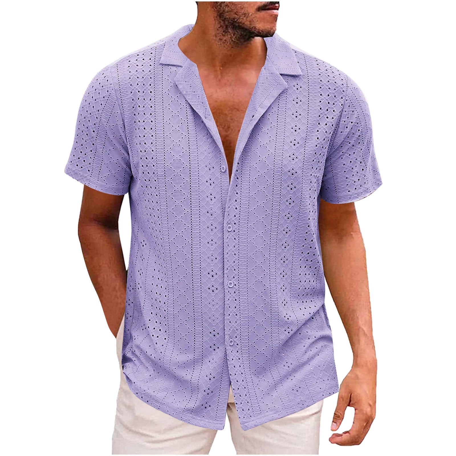 Mens Beach Shirt Short Sleeve Button Down Shirts Casual Cuban Collared ...