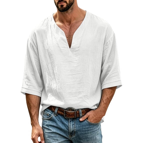 Mens Beach Shirts Linen 3/4 Sleeve Notch V-Neck Lightweight Breathable Summer Hawaiian Tops Fathers Gift