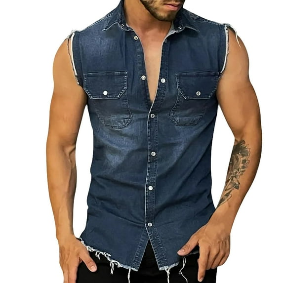 Mens Beach Shirts Men's Fitted Vintage Sleeveless Button Down Denim Vest Jacket Mens Shirt Blue XL