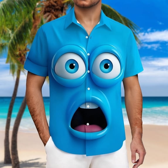 Mens Beach Shirts Short Sleeve Button Down Tops Loose Fit Funny Graphic Print Vacation Shirts Sky Blue-Surprised Face L