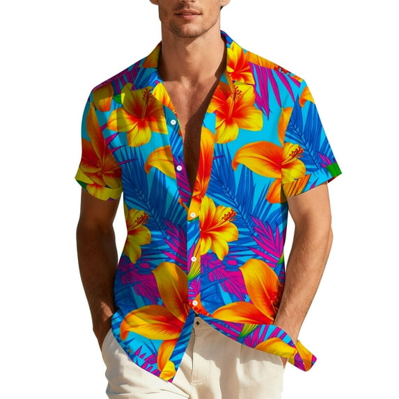 Mens Beach Shirts Short Sleeve Button Up Hawaiian Shirt Casual Summer T-Shirts Fashion Floral Print Lapel Holiday Top