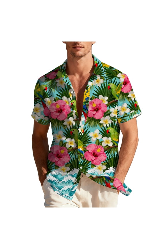 Mens Beach Shirts Short Sleeve Button Up Hawaiian Shirt Casual Summer T-Shirts Fashion Floral Print Lapel Holiday Top