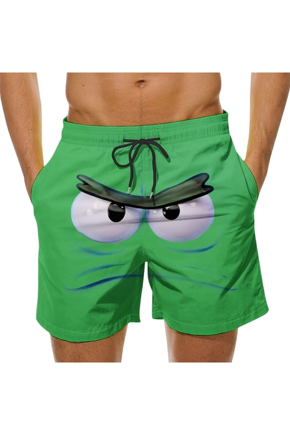 Mens Beach Shorts Funny Face Print Elastic Drawstring Waist Swim Trunk Summer Casual Vacation Outfits