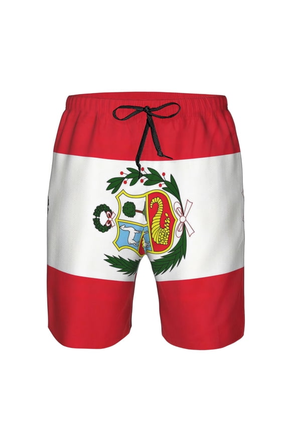 Mens Beach Shorts Peru Flag Quick Dry Swim Shorts with Mesh Lining Large