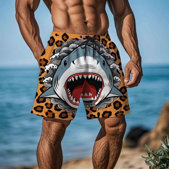 Mens Beach Shorts Straight Leg Funny Printed Drawstring Short Pant Summer Stylish Shorts with Pockets Coffee L