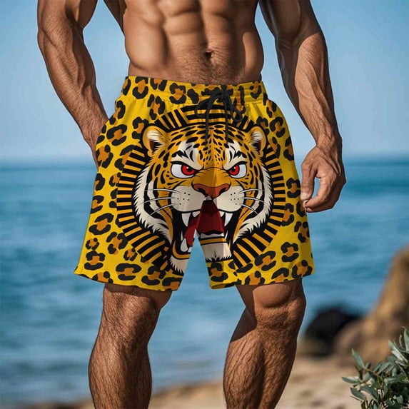 Mens Beach Shorts Straight Leg Funny Printed Drawstring Short Pant Summer Stylish Shorts with Pockets Yellow 3 3XL