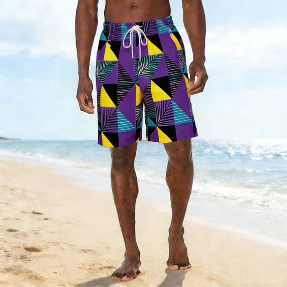 Mens Beach Shorts Summer Casual Printed Elastic Waist Drawstring Shorts Vacation Outfits with Pockets Purple XXL