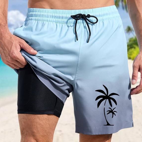 Mens Beach Shorts Summer Coconut Tree Print Quick Dry Bathing Suit With Pockets Drawstring Mens Swim Trunks Light Blue M