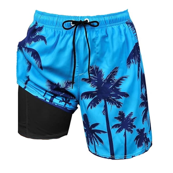 Mens Beach Shorts Summer Coconut Tree Print Swim Shorts Lightweight Quick Dry Comfortable Drawstring Swim Trunks Men Blue M