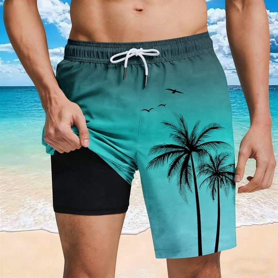 Mens Beach Shorts Summer Swim Trunks with Compression Liner Hawaiian Print Board Shorts Quickly Dry Elastic Waist Drawstring Swimming Shorts