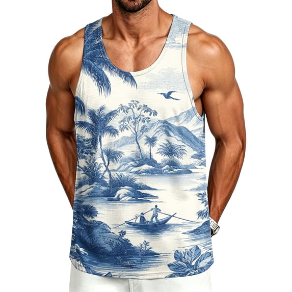 Mens Beach Tank Tops Summer Graphic Palm Tree Sleeveless Shirts for Men Vacation Gym Running Workout Tank Top