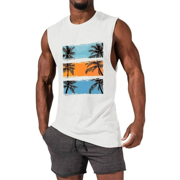 Byworldtasic Men's Sleeveless Tank Mens Beach Tank Tops Summer Hawaii Vacation Graphic Muscle Palm Tree Basic Shirts