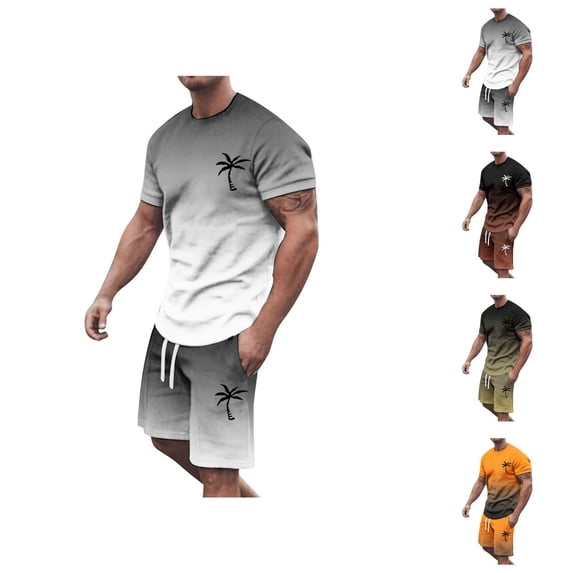 Mens Beach Vacation Outfit Set Coconut Tree Print Gradient Color T Shirt and Shorts 2 Piece Matching Set Short Sets for Men