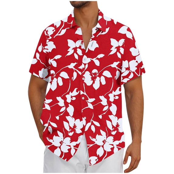 Mens Beach Vacation Shirt Collared Summer Button Down Shirt Short Sleeve Casual Hawaiian Tropical Tops(Red 2XL)
