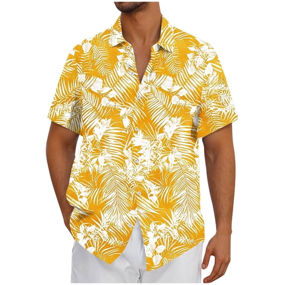 Mens Beach Vacation Shirt Collared Summer Button Down Shirt Short Sleeve Casual Hawaiian Tropical Tops(Yellow L)