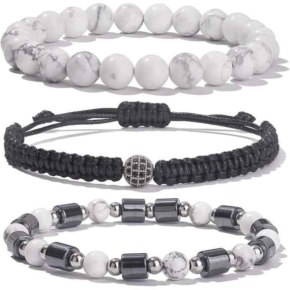 Mens Beaded Bracelet Set 8mm 4mm Healing Gemstone Braided Rope Bracelets with Cubic Zirconia Charm Hematite Stainless Steel Bead Bracelet Cool Jewelry Gifts for Men