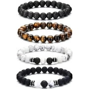 Mens Beaded Bracelet Tiger Eye 8MM Natural Stone Beads Bracelet Set Adjustable Stretch Lava Rock Bracelets for Men Black Crystal Beaded Bracelets for Men Father Boyfriend Brother Gifts