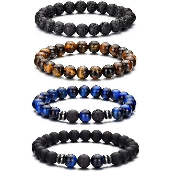 Mens Beaded Bracelet Tiger Eye 8MM Natural Stone Beads Bracelet Set Adjustable Stretch Lava Rock Bracelets for Men Black Crystal Beaded Bracelets for Men Father Boyfriend Brother Gifts