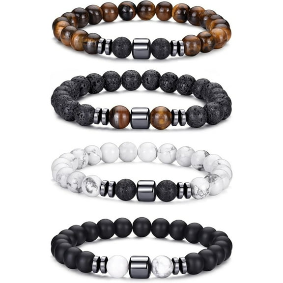 Mens Beaded Bracelets Set 8MM Tiger Eye Lava Stone Stretch Natural Stone Men's Bead Bracelet Mens Bracelet