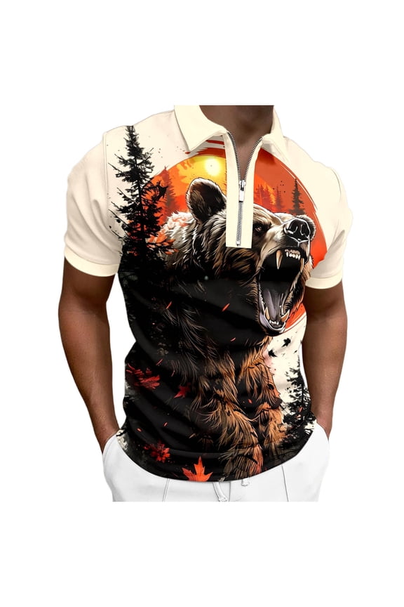 Mens Bear Graphic Polo Shirts Quarter Zip Lapel Short Sleeve Slim Fit Stretchy Funny T Shirt Beige XL