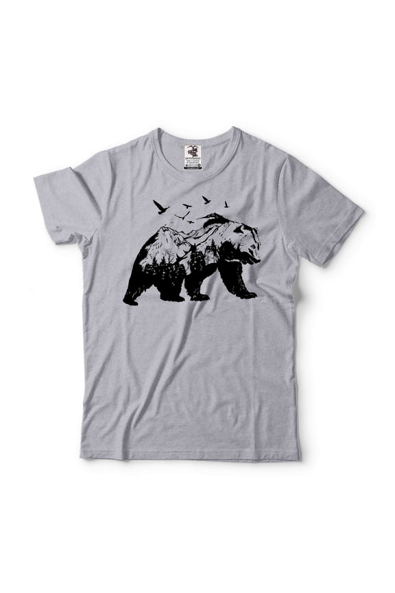 Mens Bear T-shirt Mountain Bear Shirt Camping Bear Tee Nature Bear Shirt Nature Lover Shirt (Small Grey)