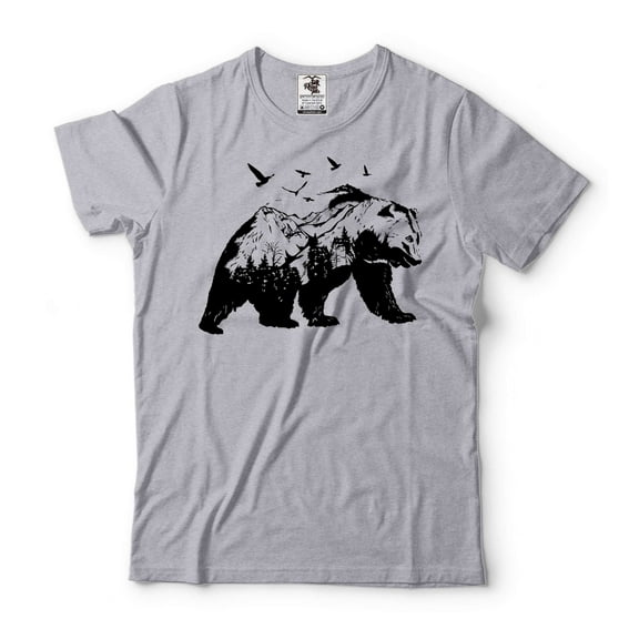 Mens Bear T-shirt Mountain Bear Shirt Camping Bear Tee Nature Bear Shirt Nature Lover Shirt (Small Grey)