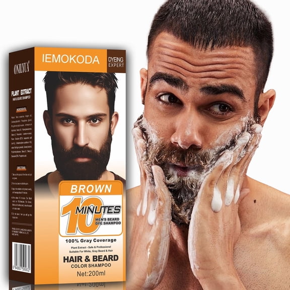 Mens Beard & Mustache Dye Shampoo, Instant Hair Coverage, 3 in 1 Brown Beard Color Shampoo for Men Facial Hair, Easy to Use & Dermatologist Tested, 200ML