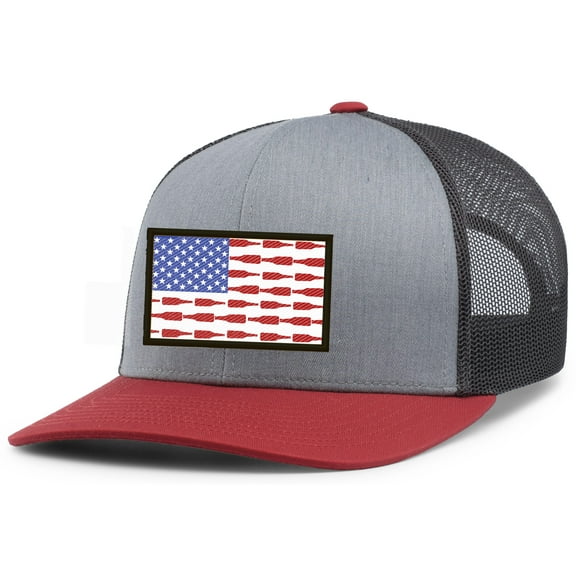 Mens Beer American Flag Funny Beer Bottle Flag Patch Mesh Back Trucker Hat Baseball Cap, Heather Grey/Red/Charcoal