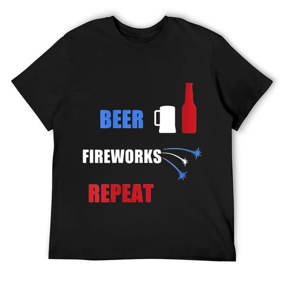 Mens Beer Fireworks Repeat Patriotic USA 4th Of July Round Neck T-Shirt Black