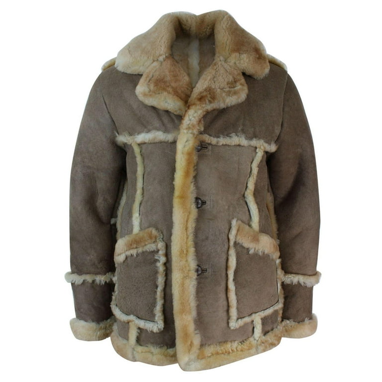 Mens Beige Cream Brown Original Del Boy 3 4 Real Sheepskin Jacket Vintage Retro Beige 3XL