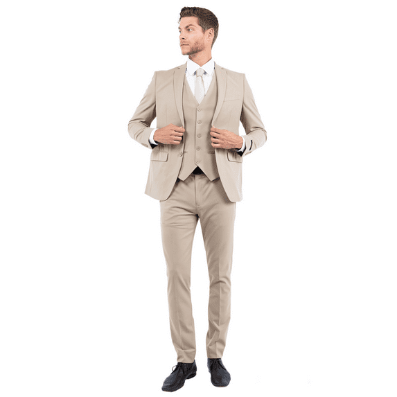 Mens Beige Suit, Slim Fit 3-Piece Expandable Waist Pants