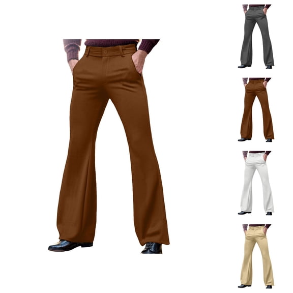 Mens Bell Bottom Pants 70s 2026 Retro Casual Dress Pants Flared Trousers with Pockets 70s Disco Outfits