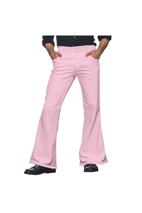 Mens Bell Bottom Pants 70s Disco Retro Flared Trousers Pink XXXXXXXS