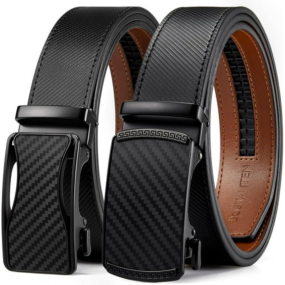 Mens Belt Leather 2 Pack Ratchet Belt For Men Dress and Casual with Adjustable Buckle, Trim to Fit