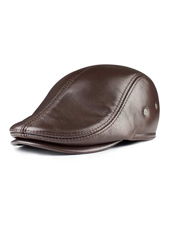 Mens Beret Real Leather Flat Cap Brown Earflaps Warm Autumn Winter Driver Hat Newsboy ,Classic Design