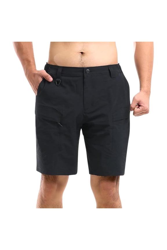 Mens Bermuda Cargo Shorts with Multi-Pockets Casual Elastic Mid Waisted Straight Leg Breathable Solid Color Hiking Fishing Short