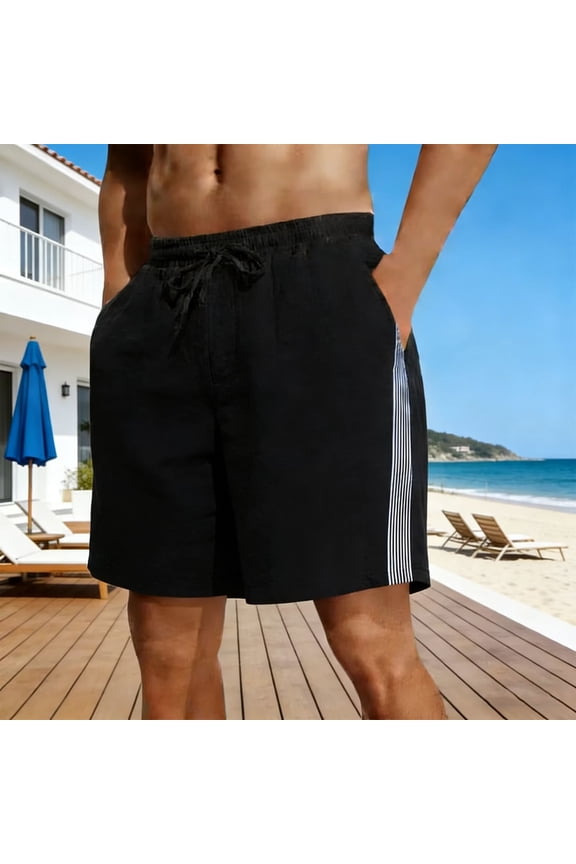 Mens Bermuda Shorts Summer Lightweight Straight Wide Leg Drawstring Elastic Waisted Loose Striped Short with Pockets