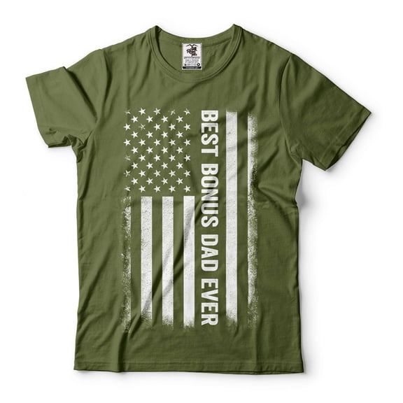 Mens Best Bonus Dad Ever T-Shirt Father's Day Step Dad Shirts Bonus Dad USA Patriotic Flag Tee (Medium Military Green)