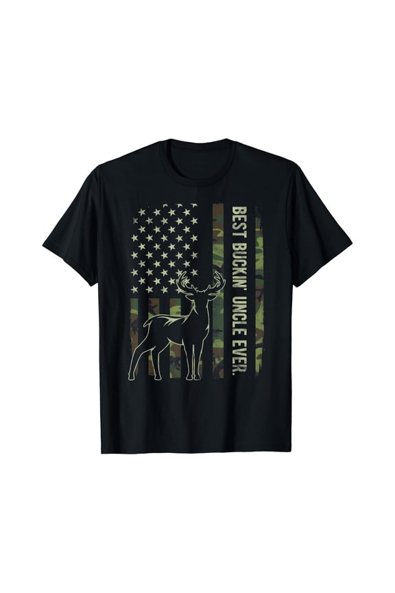 Mens Best Buckin' Uncle Ever Camo American Flag Deer Hunting Gift T-Shirt