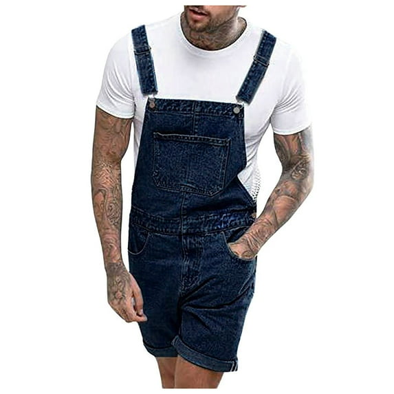 Mens Bib Overall Casual Fashion Solid Breast Pocket Denim Ripped Shorts Straight Type Overalls