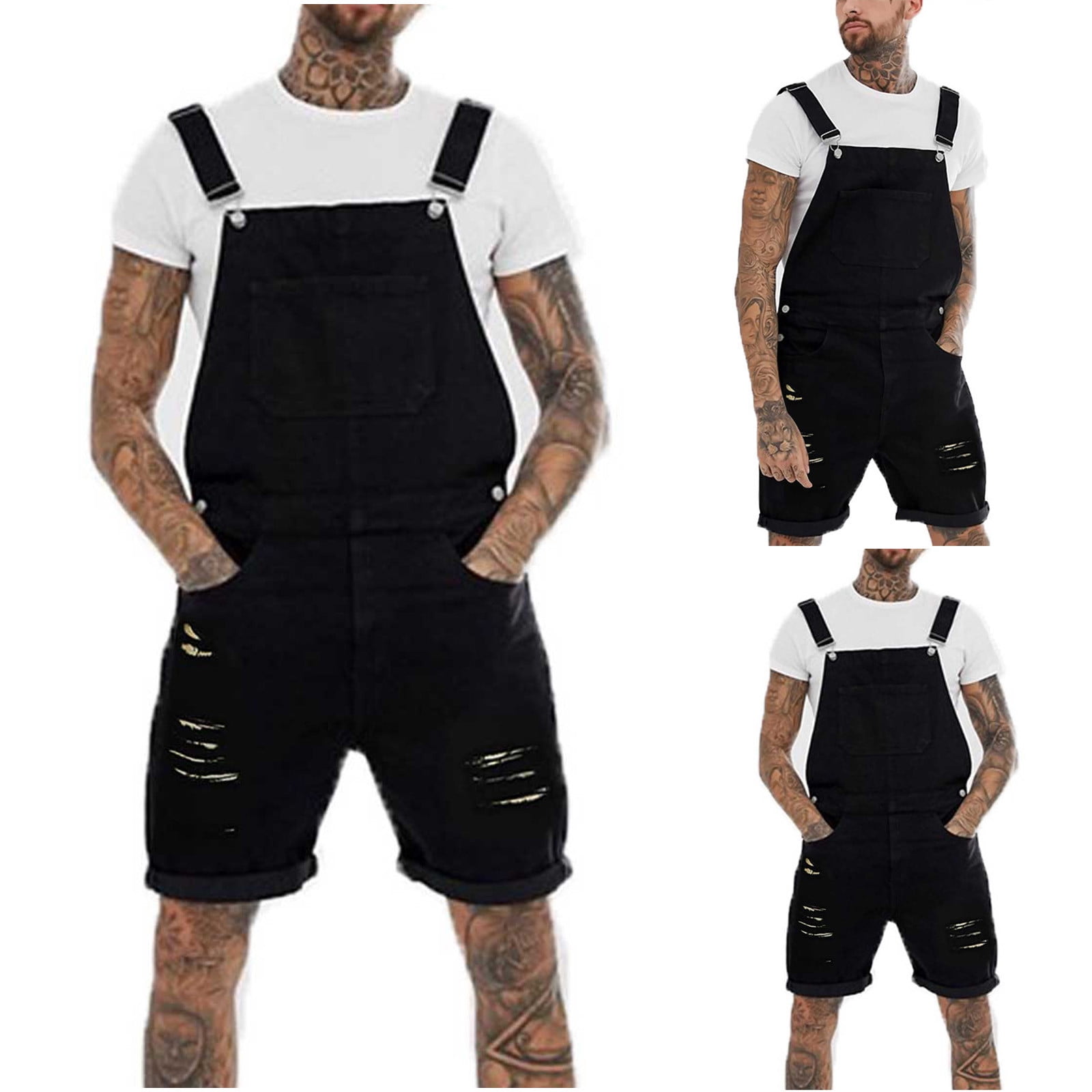 Mens Bib Overall Casual Fashion Solid Breast Pocket Ripped Denim Shorts