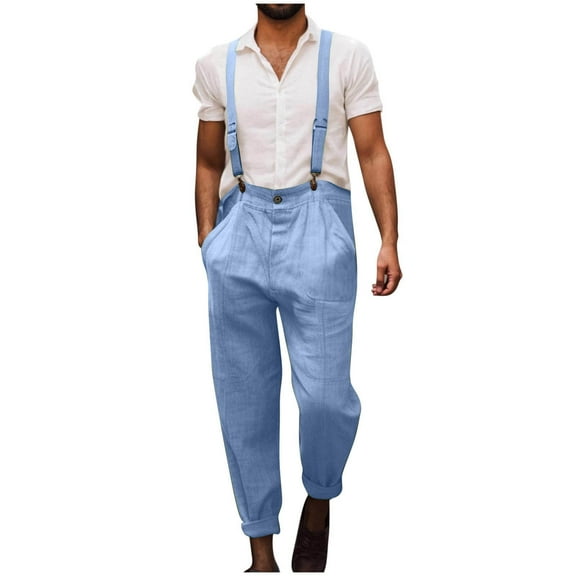 Mens Bib Overalls Casual Linen Pants Workwear Fashion Casual Jumpsuit Adjujstable Strap Romper Coverall Loose Long Bib Overalls Blue XL